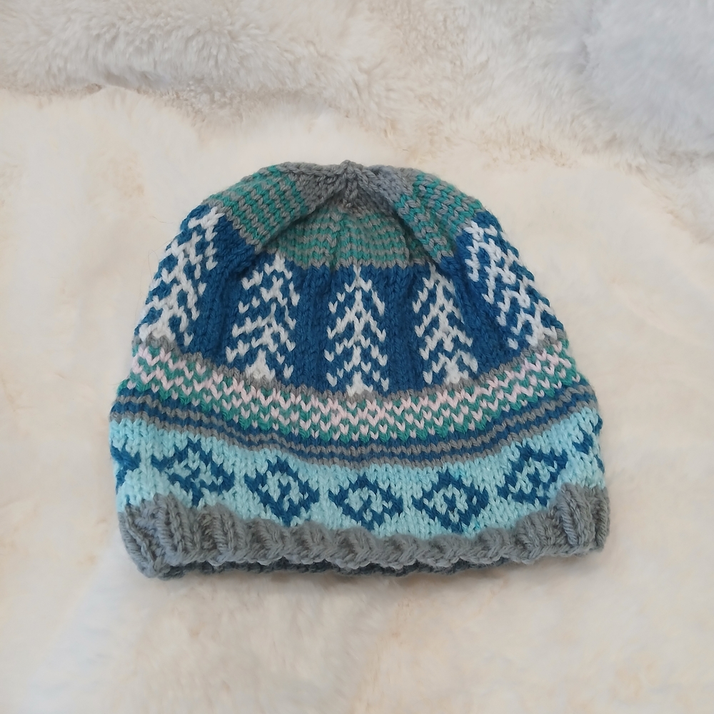 Hand-Knit Nordic Pine Tree Beanie - Blue & Grey Fair Isle